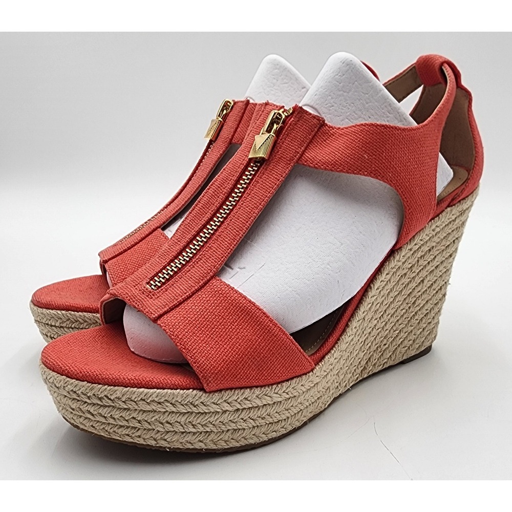Michael Kors Damita Wedge Sandals Womens 9M Coral Orange Espadrille Zip NEW EXC